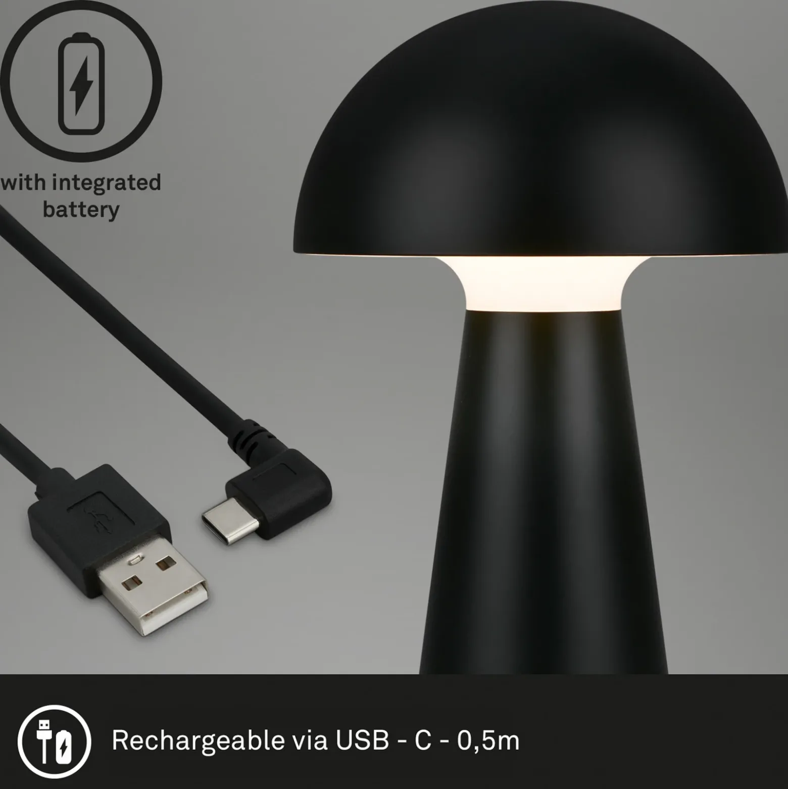Lámpara de mesa LED Fungo, recargable, negra