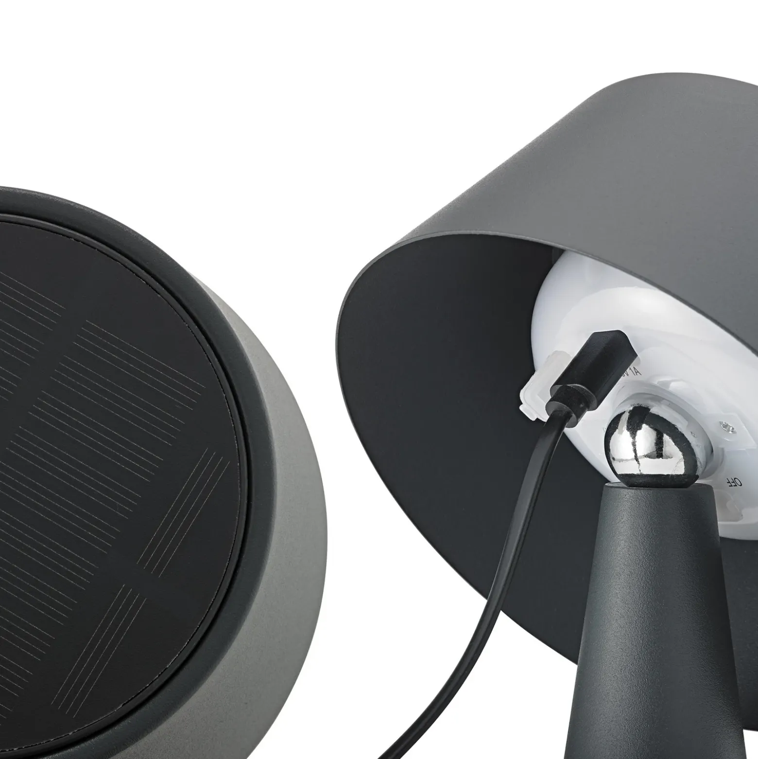 Lámpara de mesa LED recargable Solino, grafito, solar/USB, 26 cm IP44