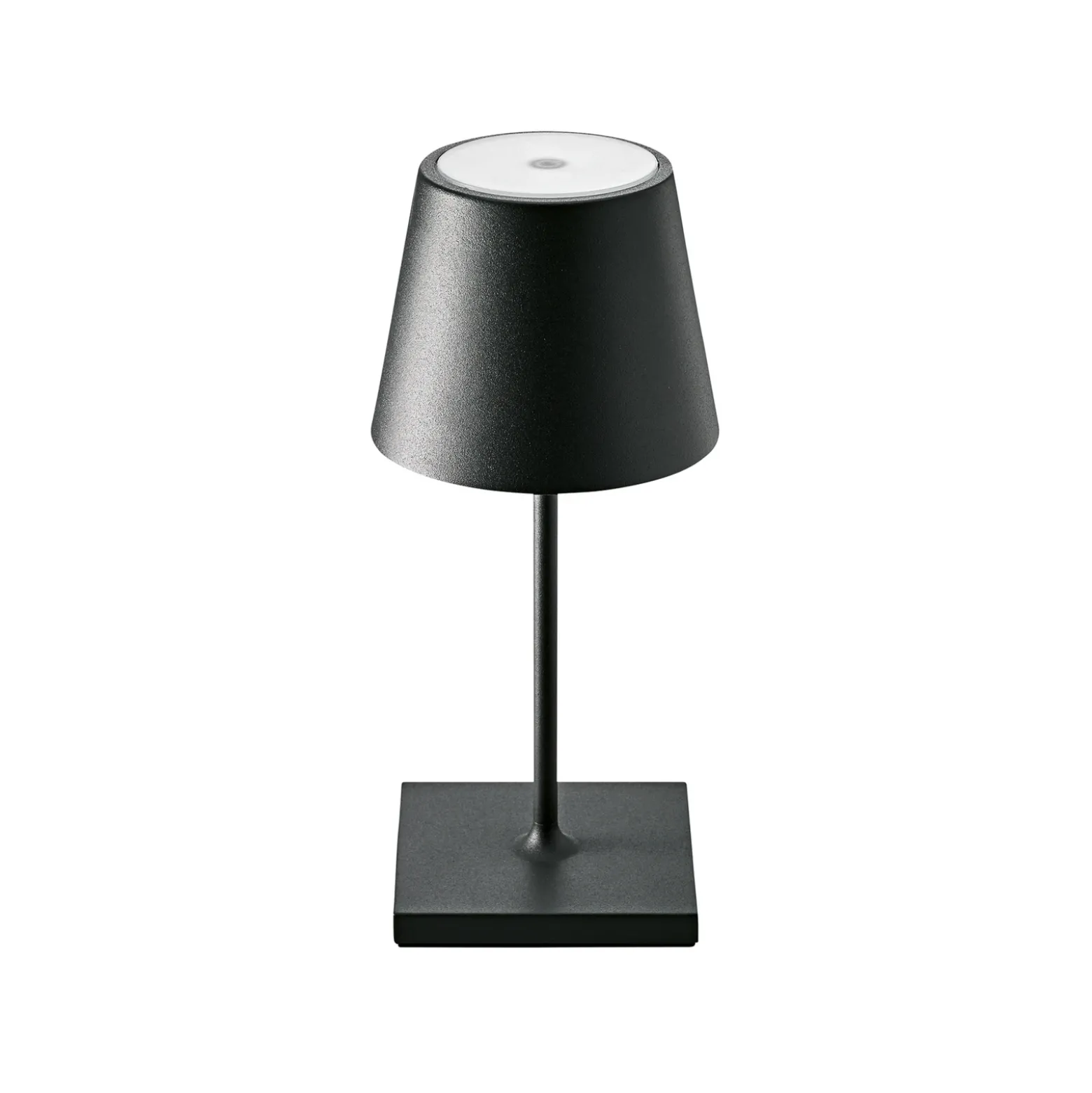 Lámpara de mesa LED recargable Nuindie mini, USB-C, negra, IP54, atenuable.