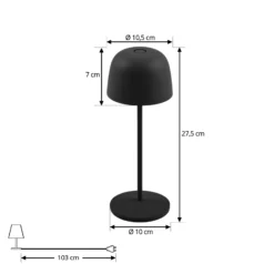 Lámpara de mesa LED recargable Lindby Arietty, negra, atenuable, IP65