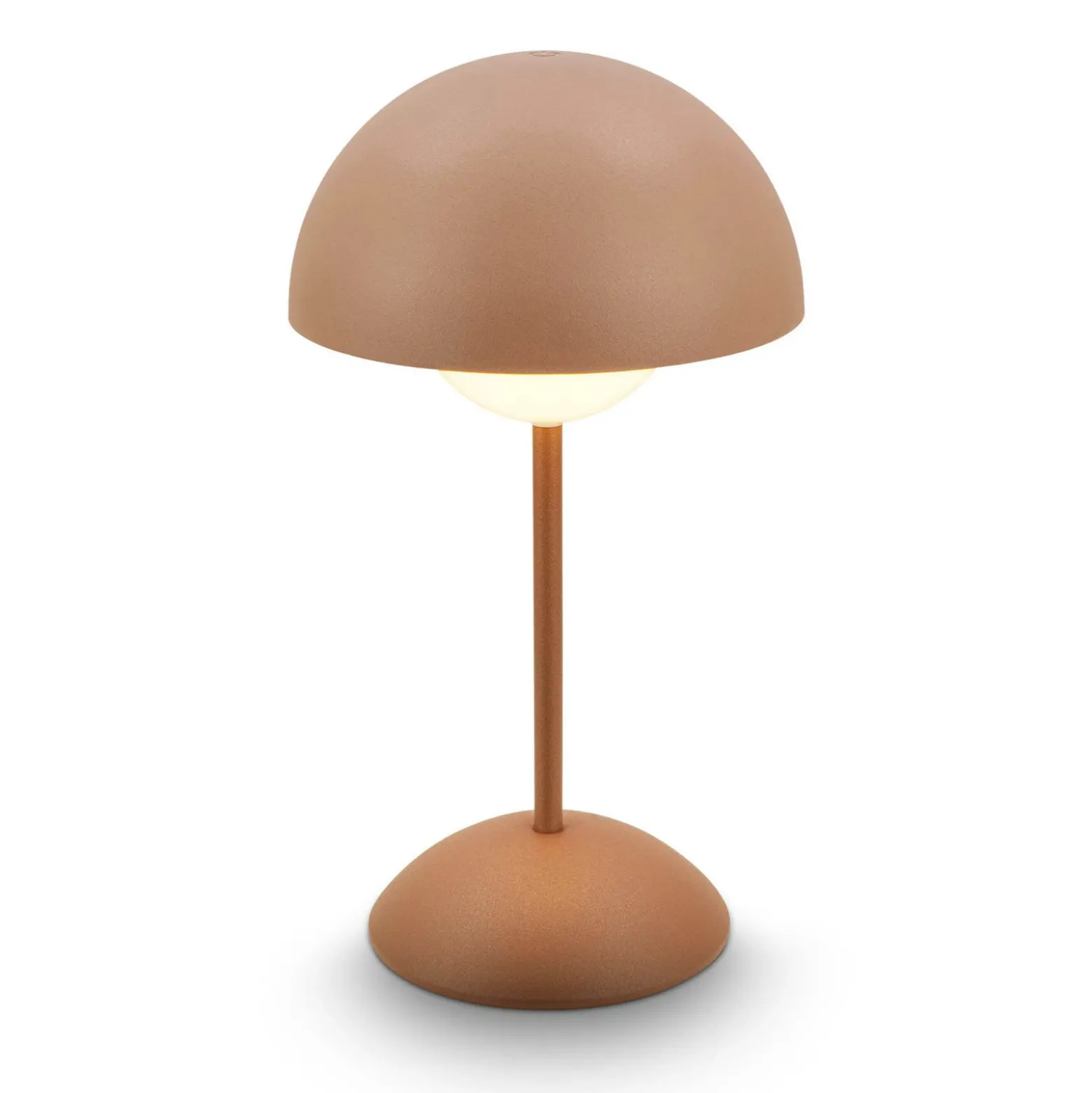 Lámpara de mesa LED recargable Kugle, marrón, metal, IP44, atenuable