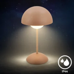 Lámpara de mesa LED recargable Kugle, marrón, metal, IP44, atenuable