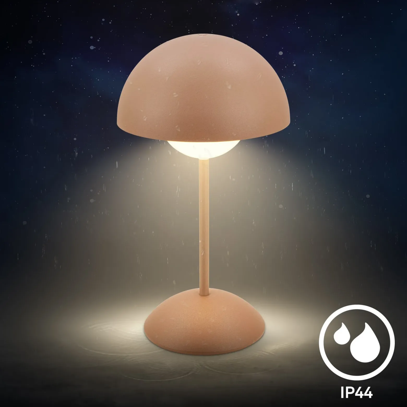 Lámpara de mesa LED recargable Kugle, marrón, metal, IP44, atenuable