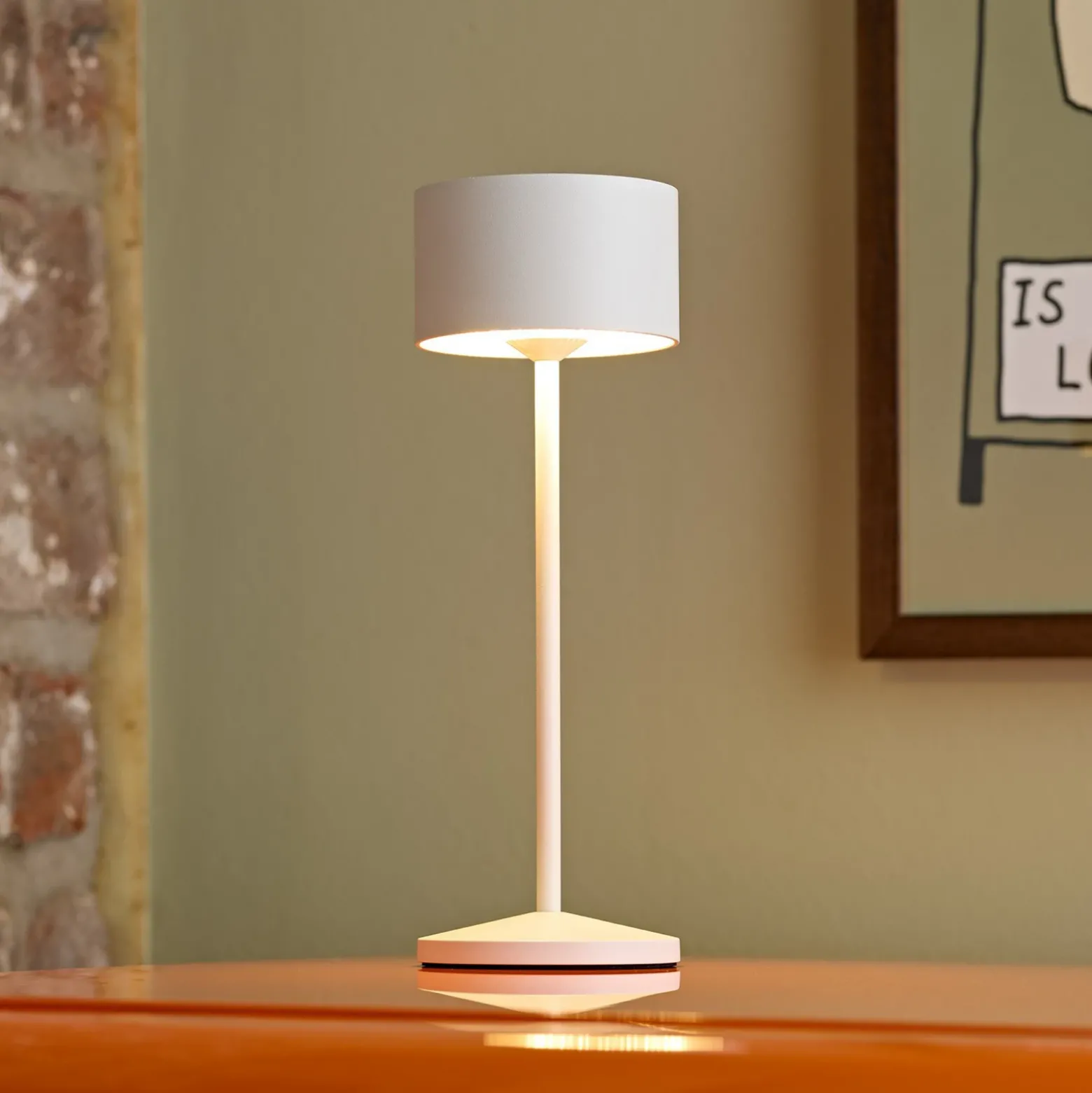 Lámpara de mesa LED recargable Veluna, blanca, altura 25 cm, IP44, atenuable,