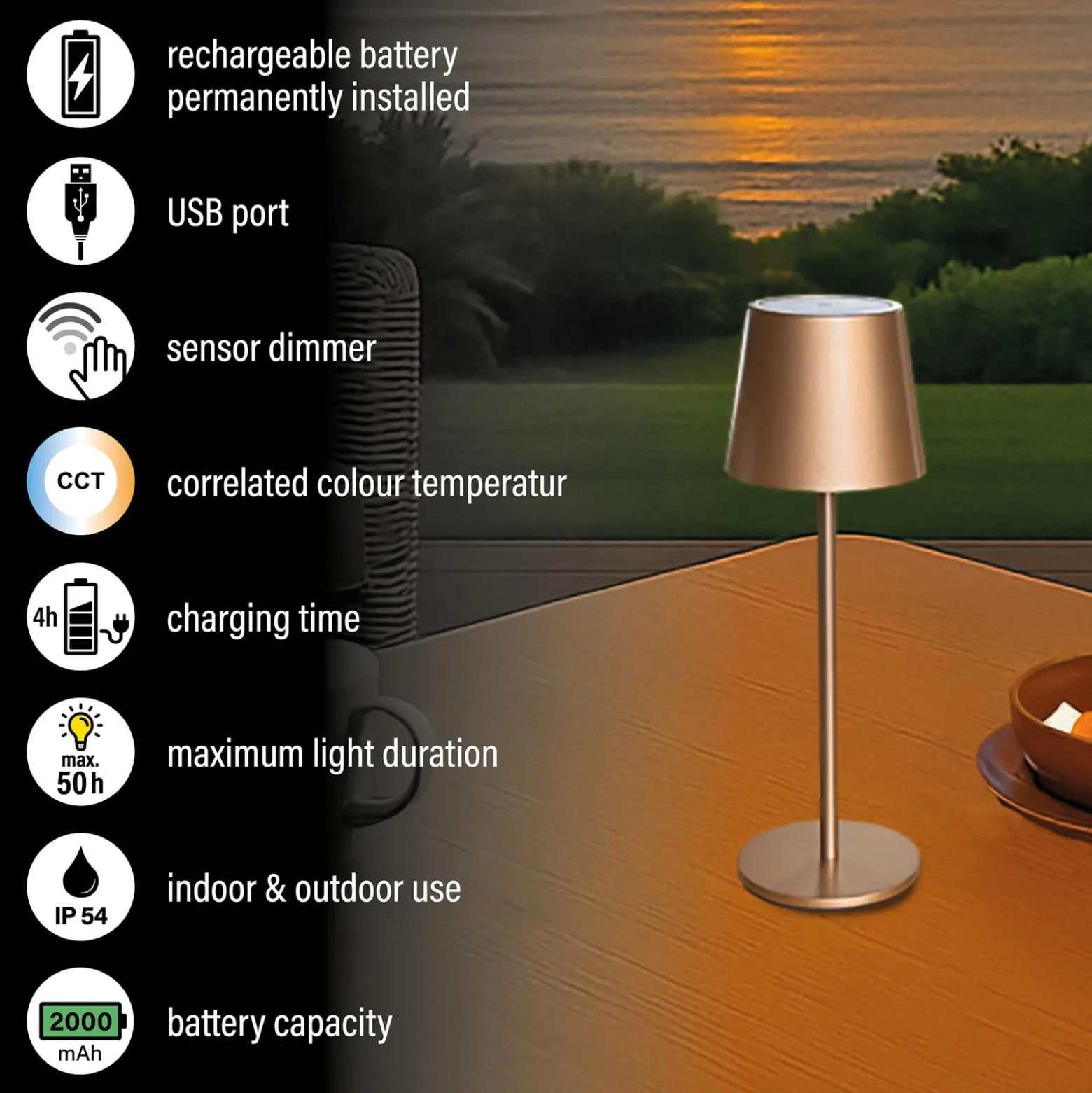 Lámpara de mesa LED recargable Roxi, color café, metal, IP54, atenuador