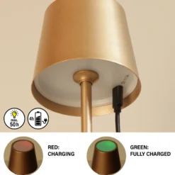 Lámpara de mesa LED recargable Roxi, color café, metal, IP54, atenuador