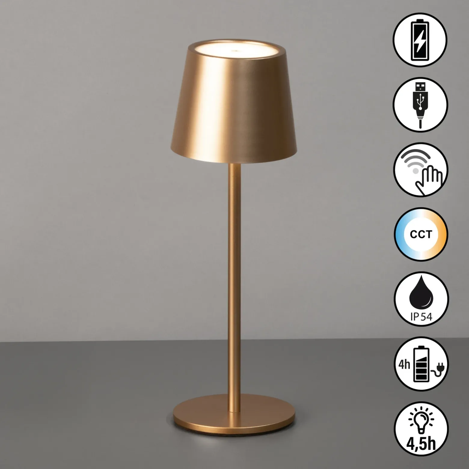 Lámpara de mesa LED recargable Roxi, color café, metal, IP54, atenuador