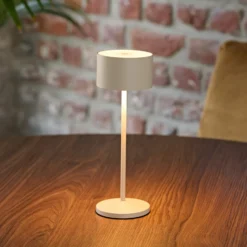 Lámpara de mesa LED recargable Veluna, beige, altura 25 cm, IP44, CCT atenuable