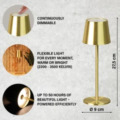 Lámpara de mesa LED recargable Roxi, color latón, metal, IP54, atenuador