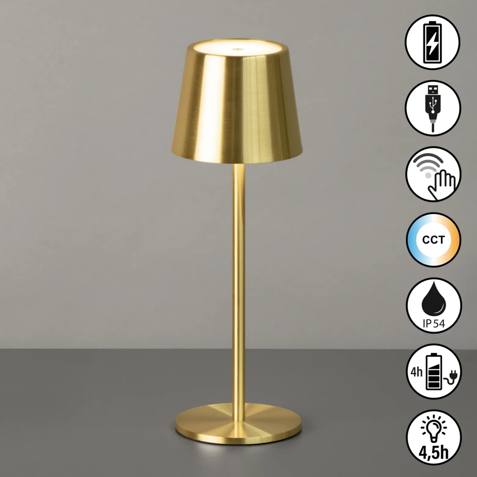 Lámpara de mesa LED recargable Roxi, color latón, metal, IP54, atenuador