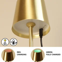 Lámpara de mesa LED recargable Roxi, color latón, metal, IP54, atenuador