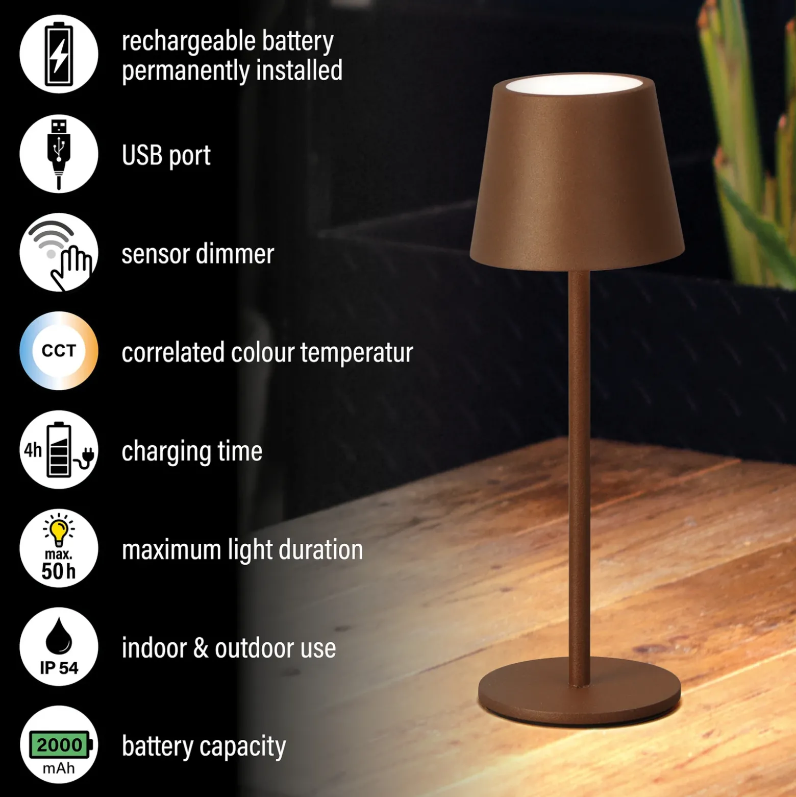 Lámpara de mesa LED recargable Roxi, color óxido, metal, IP54, atenuador