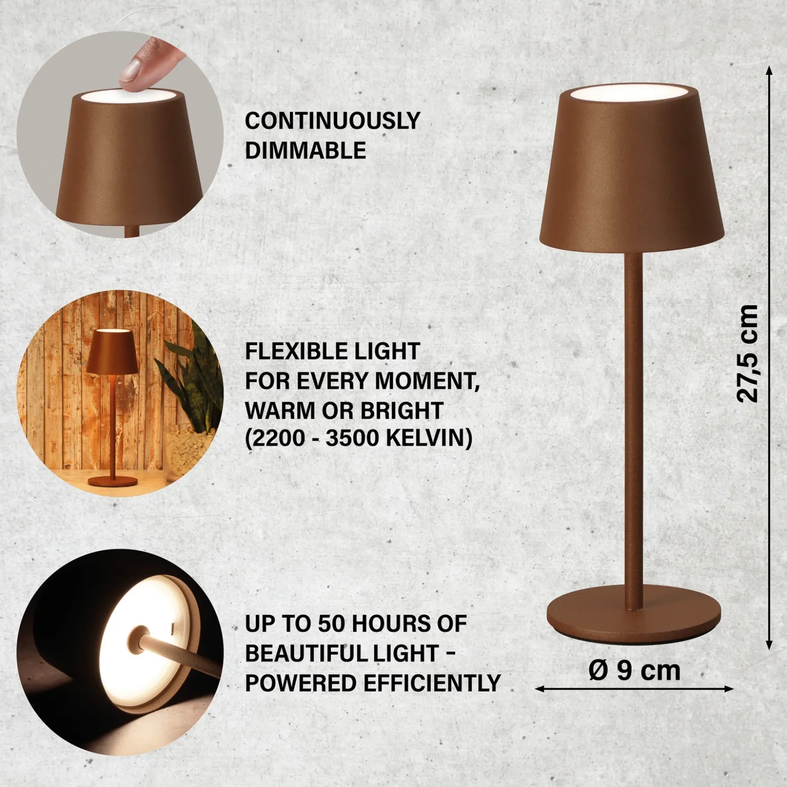 Lámpara de mesa LED recargable Roxi, color óxido, metal, IP54, atenuador