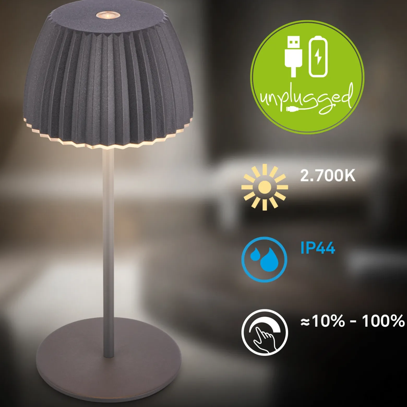 Lámpara de mesa LED recargable Brilo unplugged Riffle, 20 cm, antracita