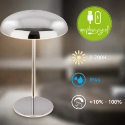 Lámpara de mesa LED recargable Brilo unplugged Caxa 30 cm, cromada