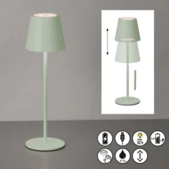 Lámpara de mesa LED recargable Viletto, verde salvia, IP54