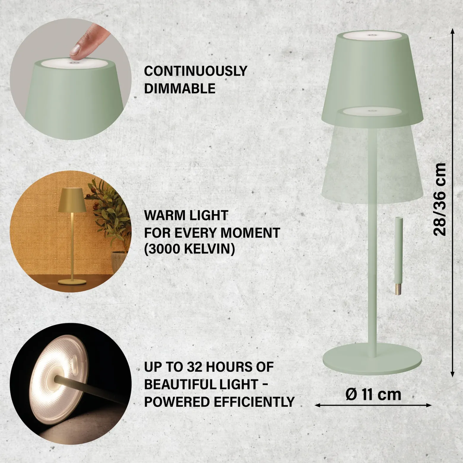 Lámpara de mesa LED recargable Viletto, verde salvia, IP54