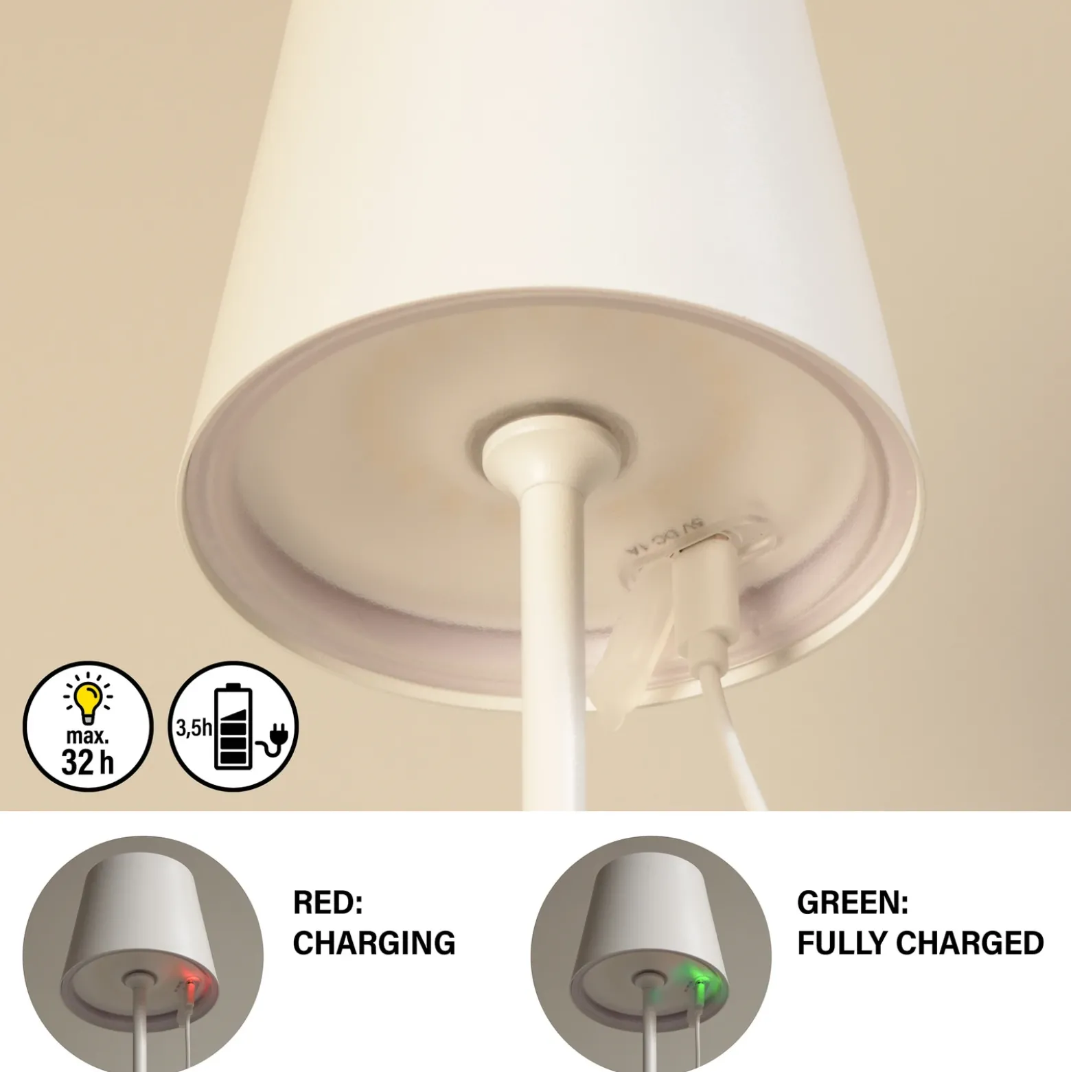 Lámpara de mesa LED recargable Viletto, blanca, IP54