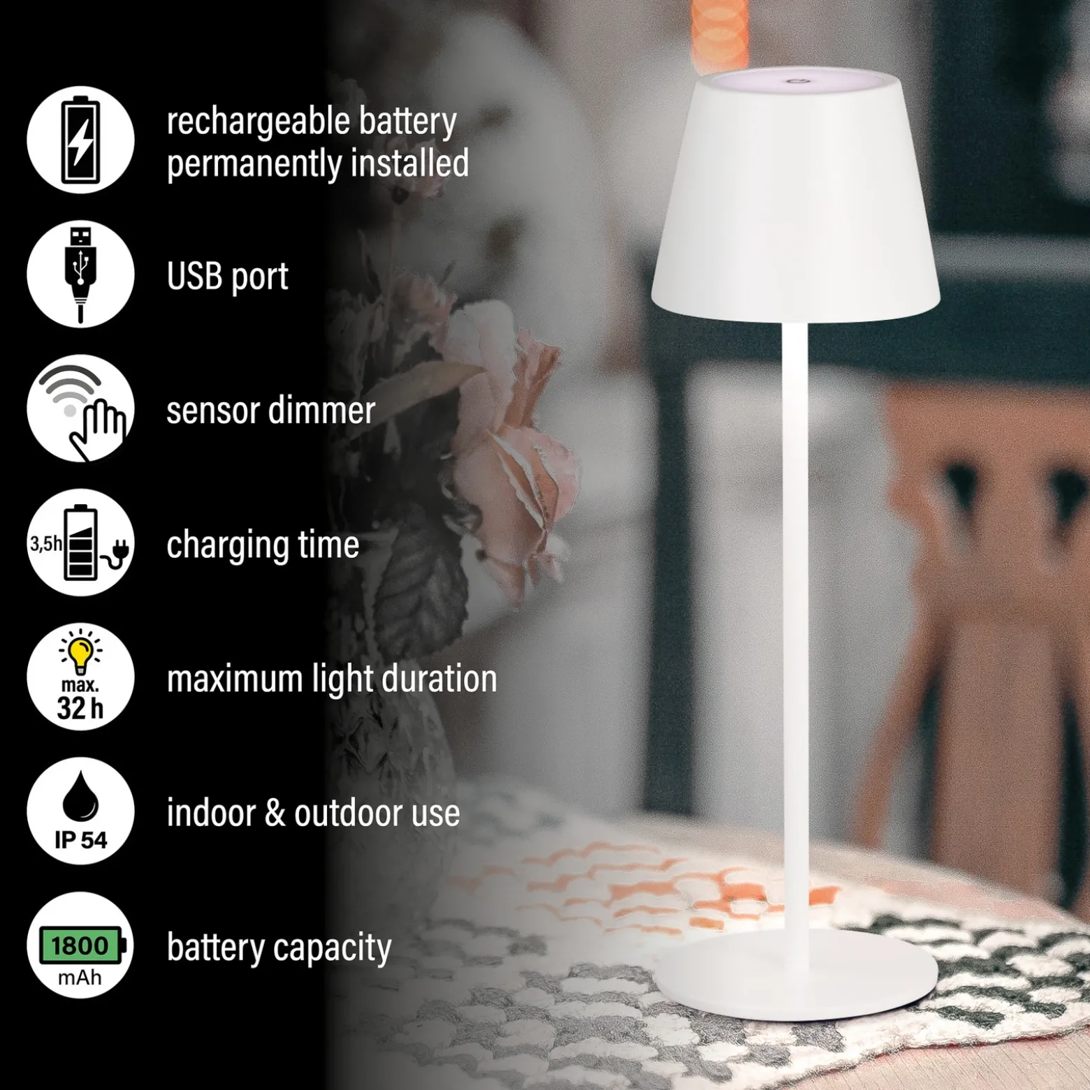 Lámpara de mesa LED recargable Viletto, blanca, IP54