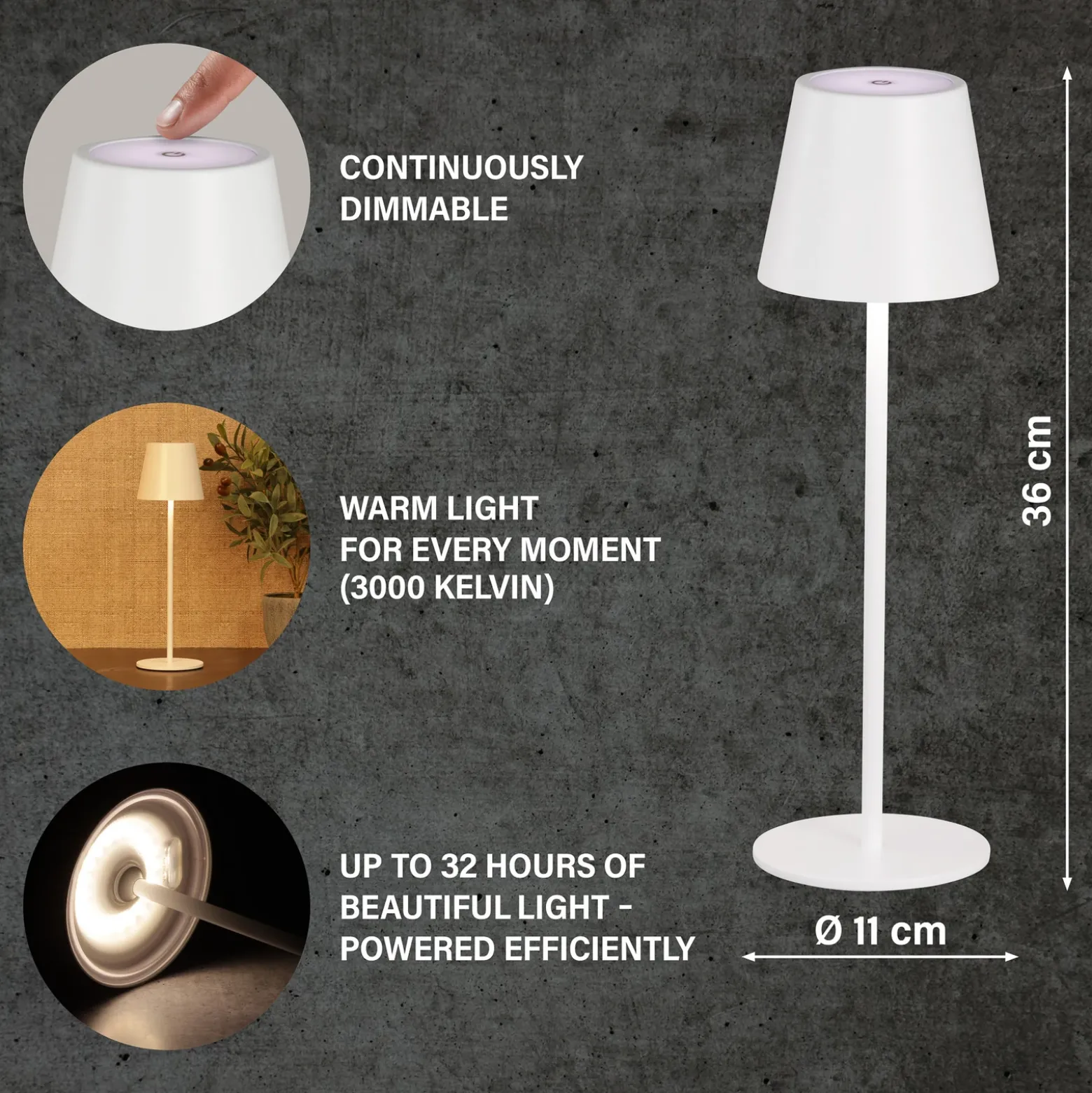 Lámpara de mesa LED recargable Viletto, blanca, IP54