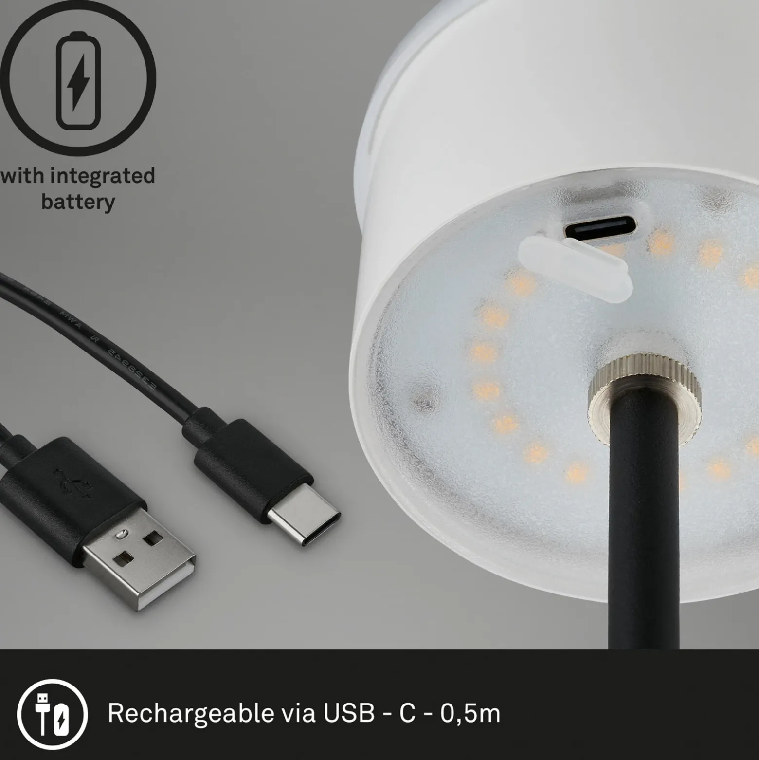 Lámpara de mesa LED recargable Kiki, plata envejecida, IP44, 3.000K