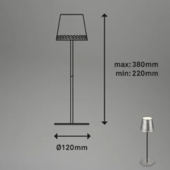Lámpara de mesa LED recargable Kiki, plata envejecida, IP44, 3.000K