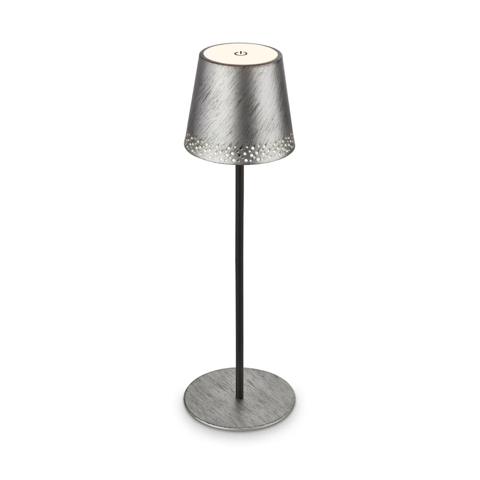 Lámpara de mesa LED recargable Kiki, plata envejecida, IP44, 3.000K