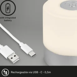 Lámpara de mesa LED recargable Smal, color cromo, 2.700K, atenuable