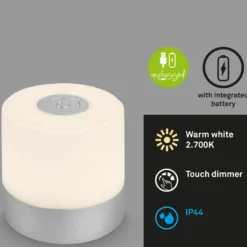 Lámpara de mesa LED recargable Smal, color cromo, 2.700K, atenuable