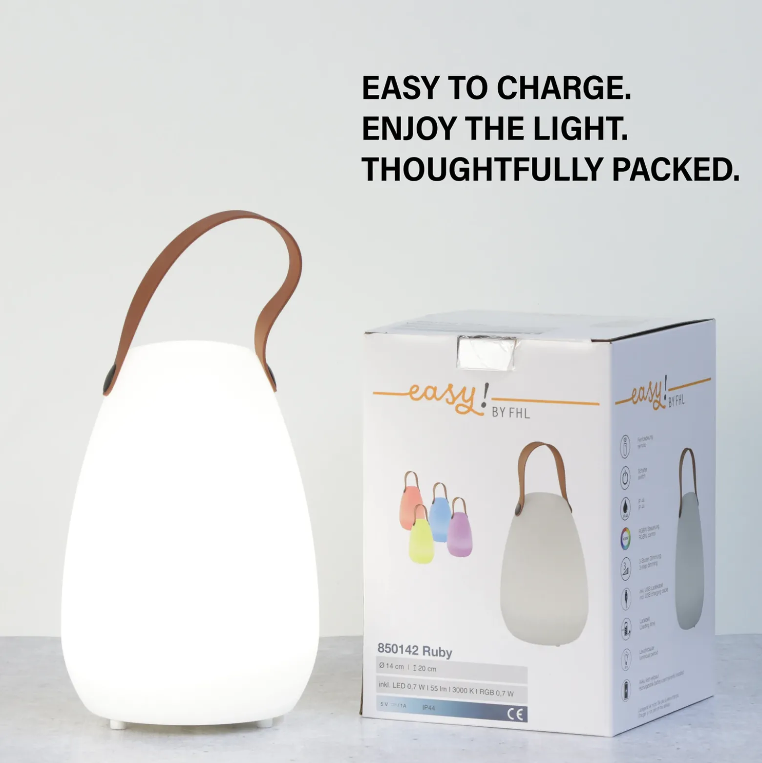 Lámpara de mesa LED recargable Ruby, Ø 14 cm, blanca, IP44, RGB atenuable