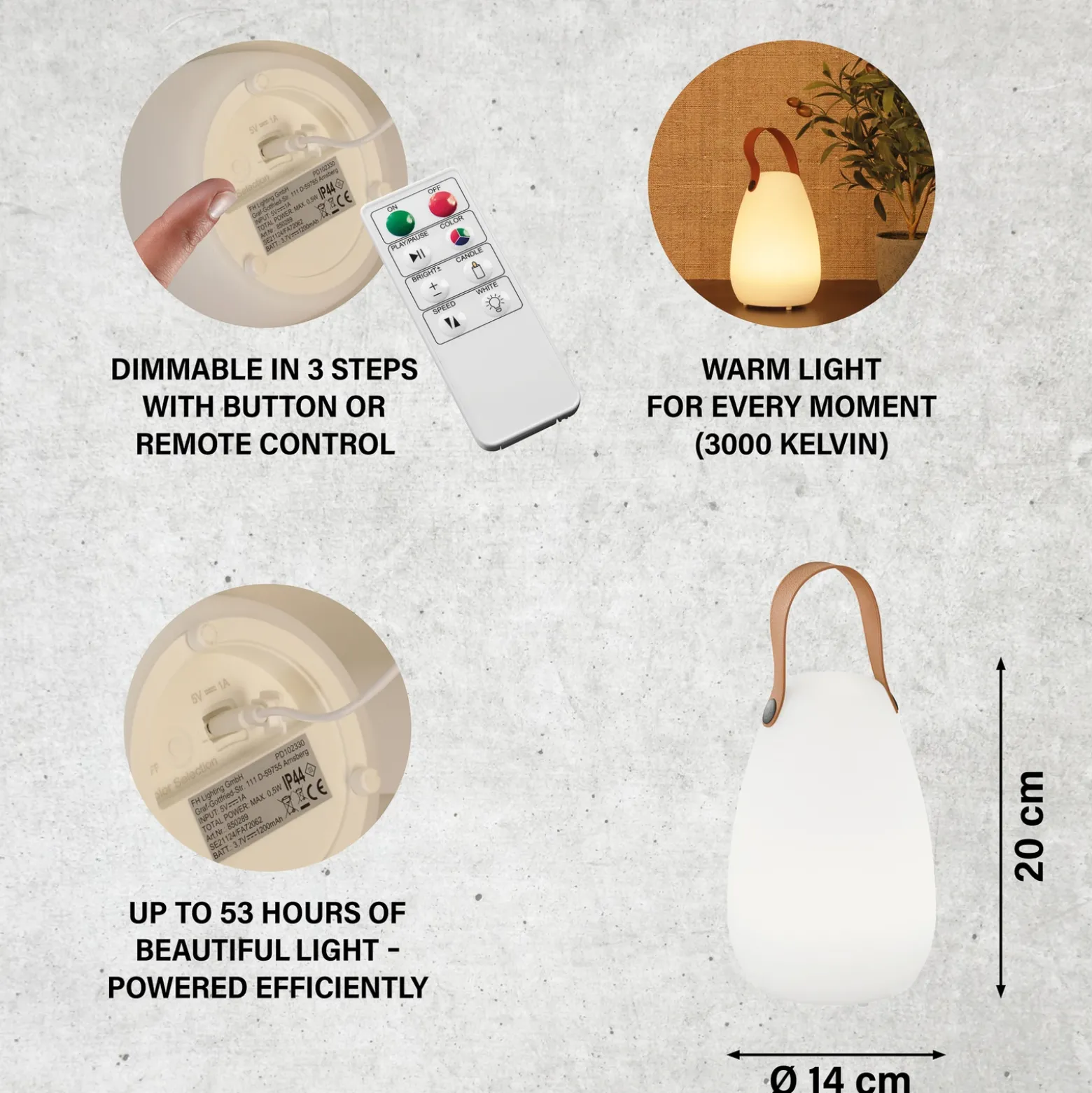 Lámpara de mesa LED recargable Ruby, Ø 14 cm, blanca, IP44, RGB atenuable