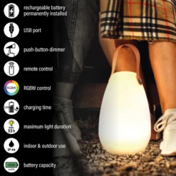 Lámpara de mesa LED recargable Ruby, Ø 14 cm, blanca, IP44, RGB atenuable