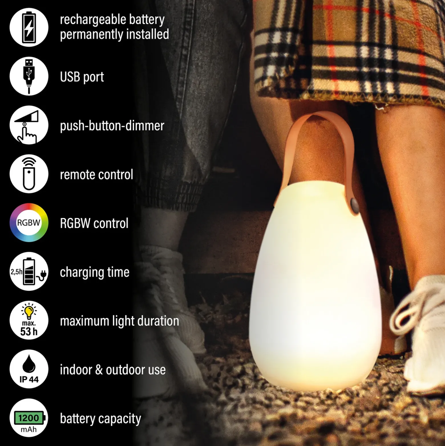 Lámpara de mesa LED recargable Ruby, Ø 14 cm, blanca, IP44, RGB atenuable