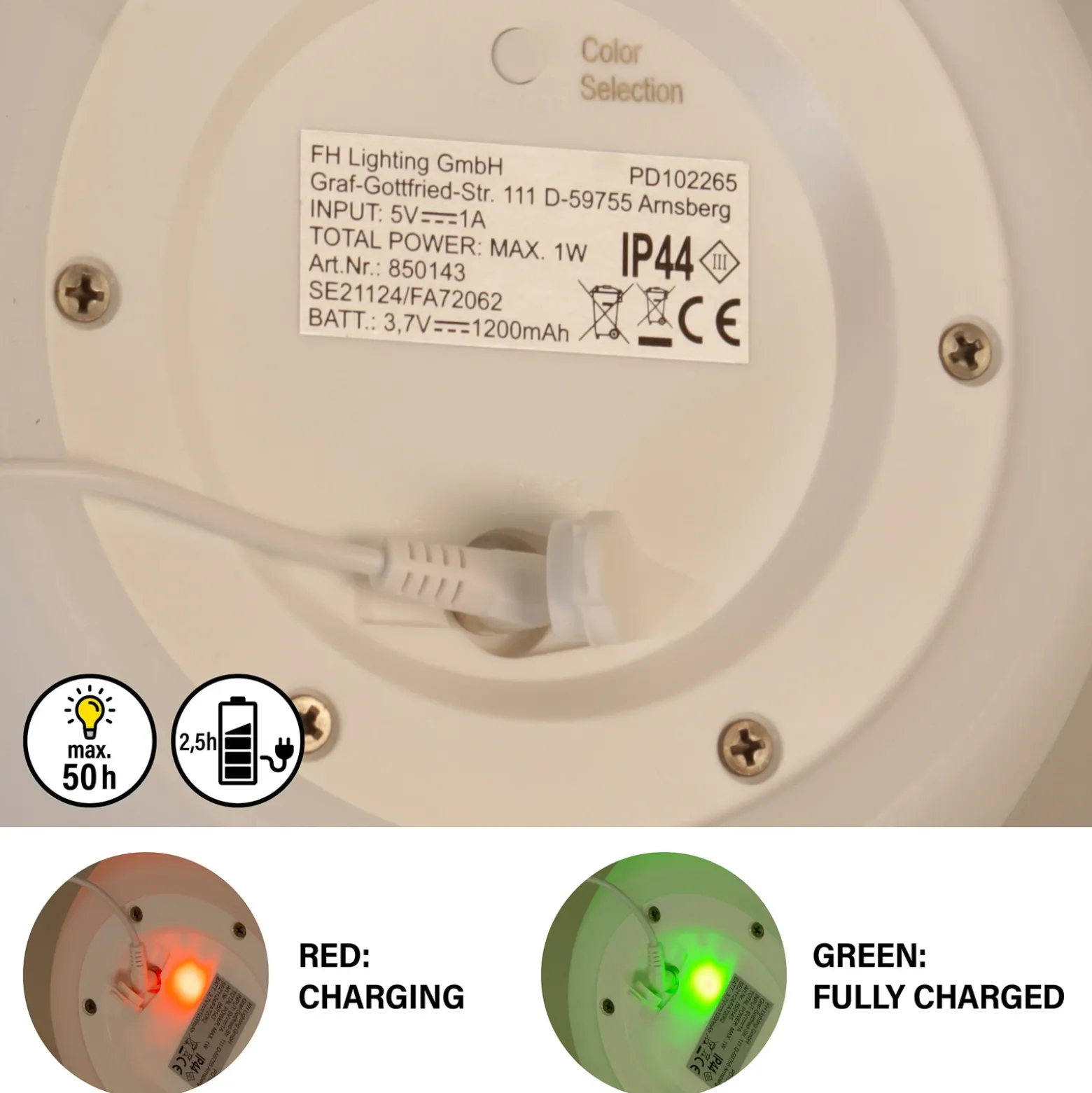 Lámpara de mesa LED recargable Ruby, Ø 18 cm, blanca, IP44, RGB atenuable