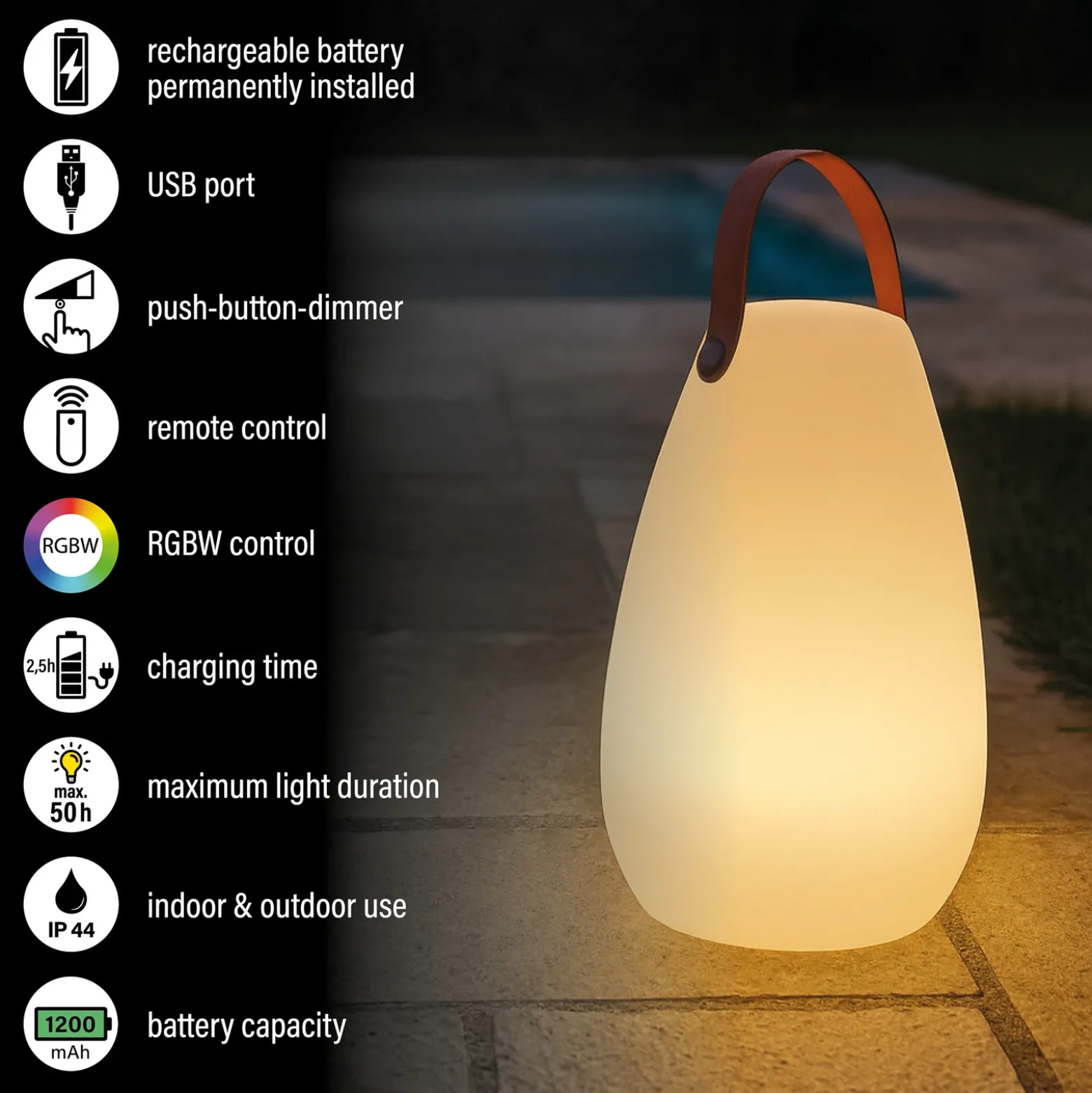 Lámpara de mesa LED recargable Ruby, Ø 18 cm, blanca, IP44, RGB atenuable
