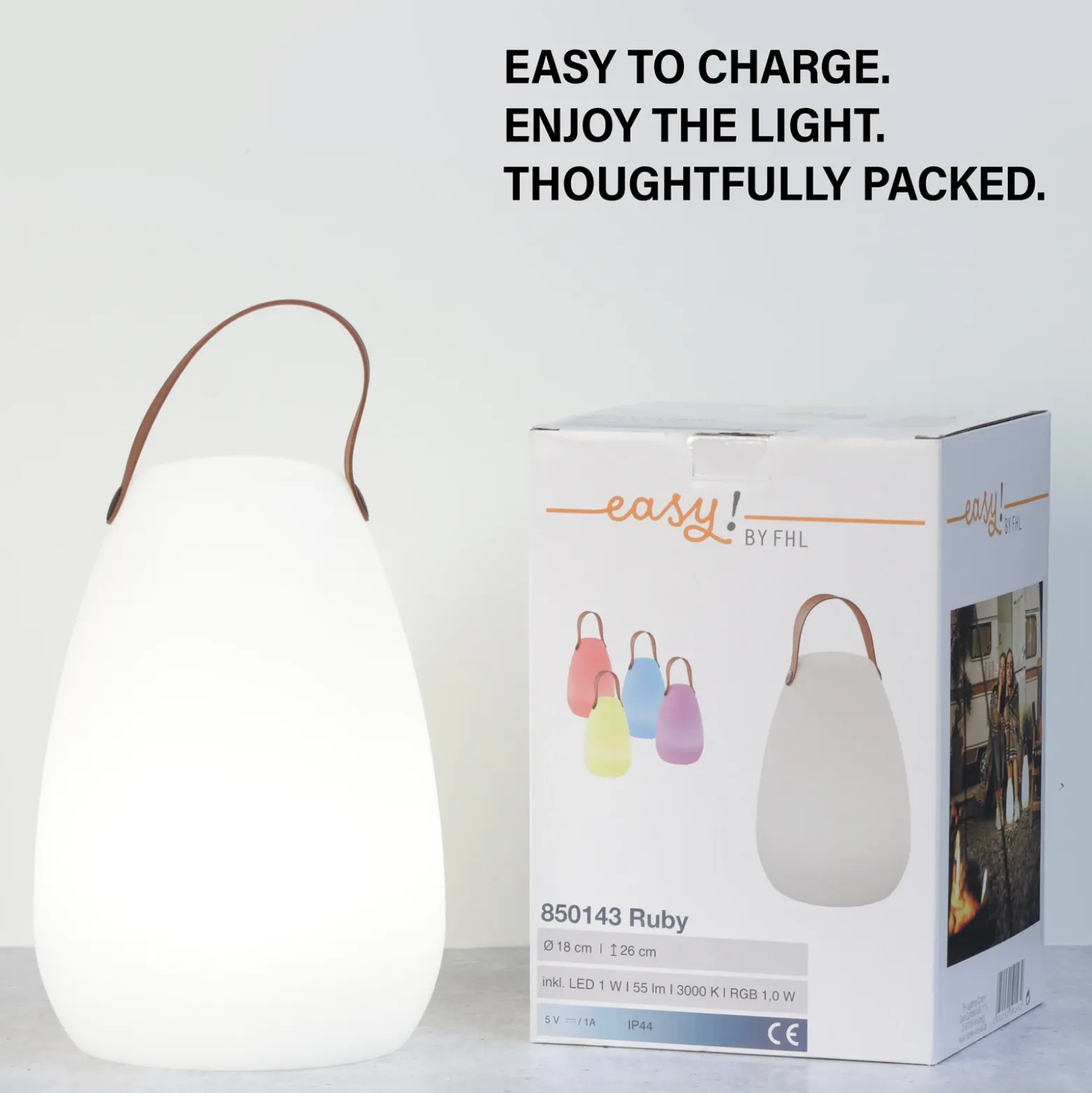 Lámpara de mesa LED recargable Ruby, Ø 18 cm, blanca, IP44, RGB atenuable