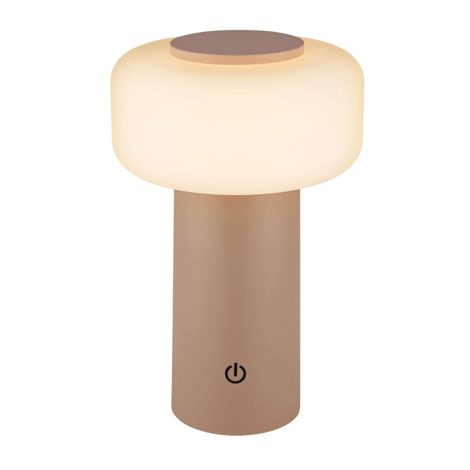 Lámpara de mesa LED recargable Juna, beige, IP44, atenuable, 20 cm