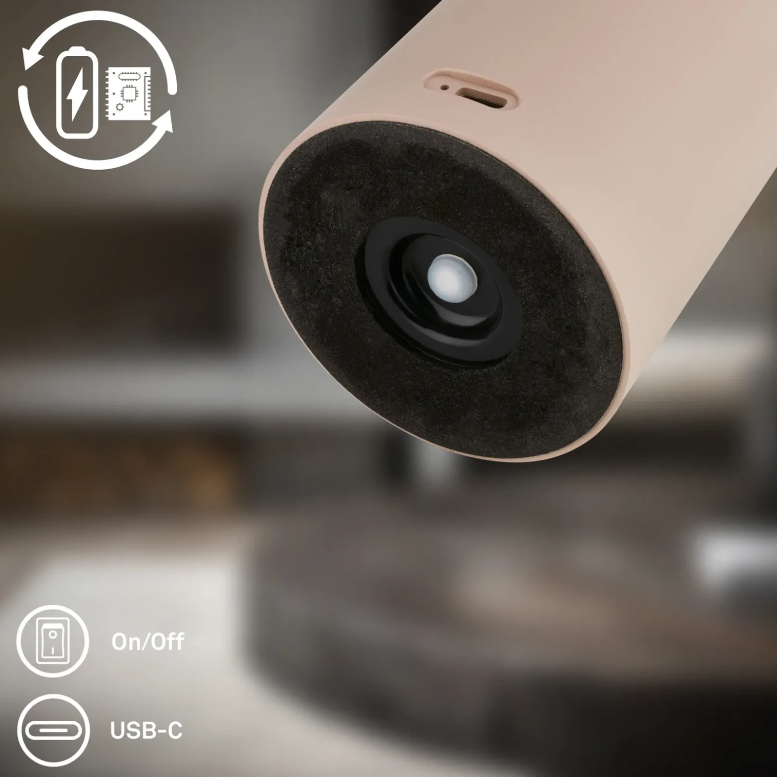 Lámpara de mesa LED recargable Juna, beige, IP44, atenuable, 20 cm