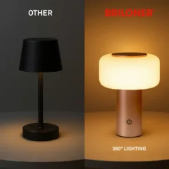 Lámpara de mesa LED recargable Juna, marrón, IP44, atenuable, 20 cm