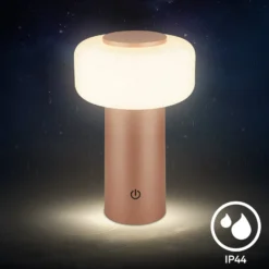Lámpara de mesa LED recargable Juna, marrón, IP44, atenuable, 20 cm