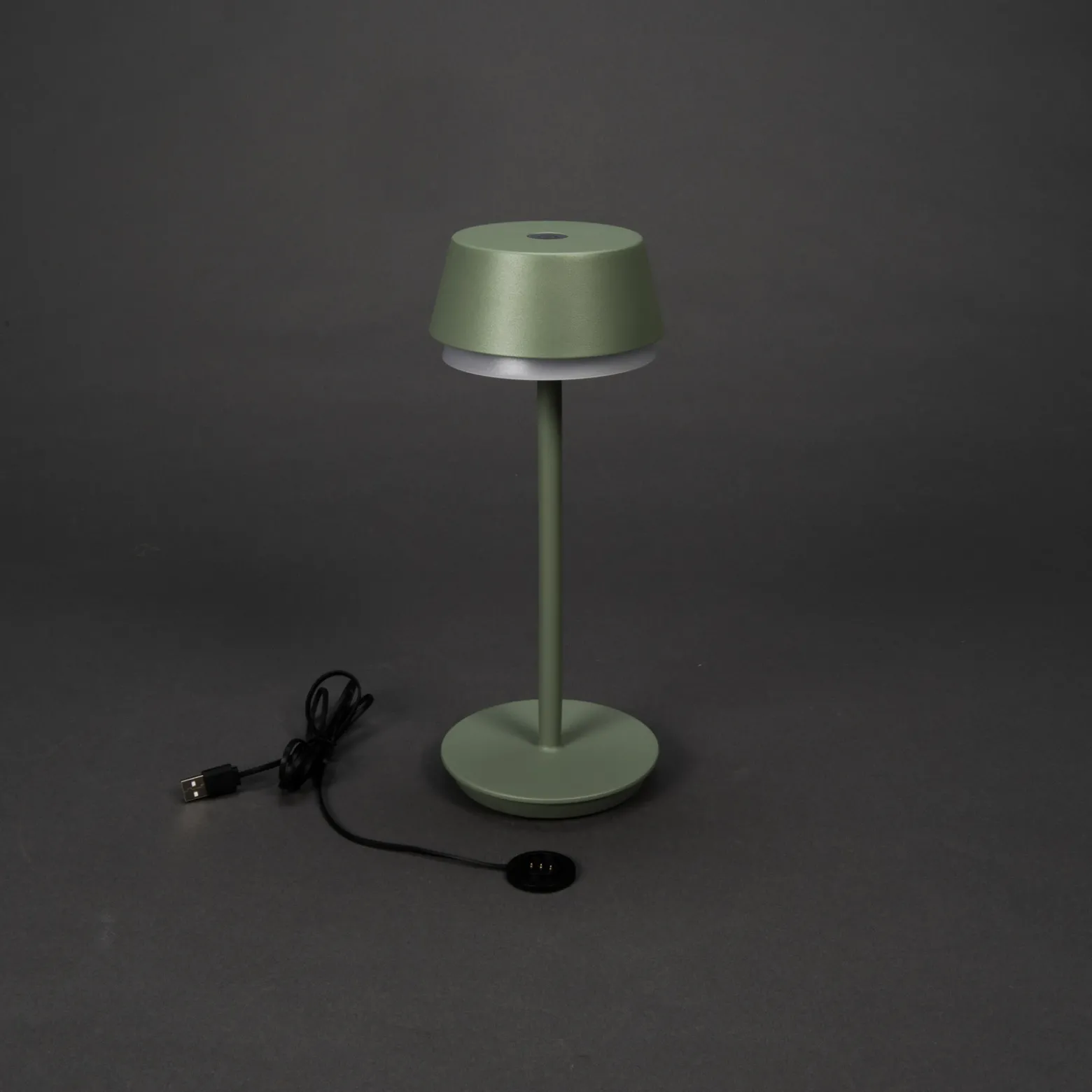 Lámpara de mesa LED recargable Lyon, verde/gris, IP54, atenuador, CCT, RGB
