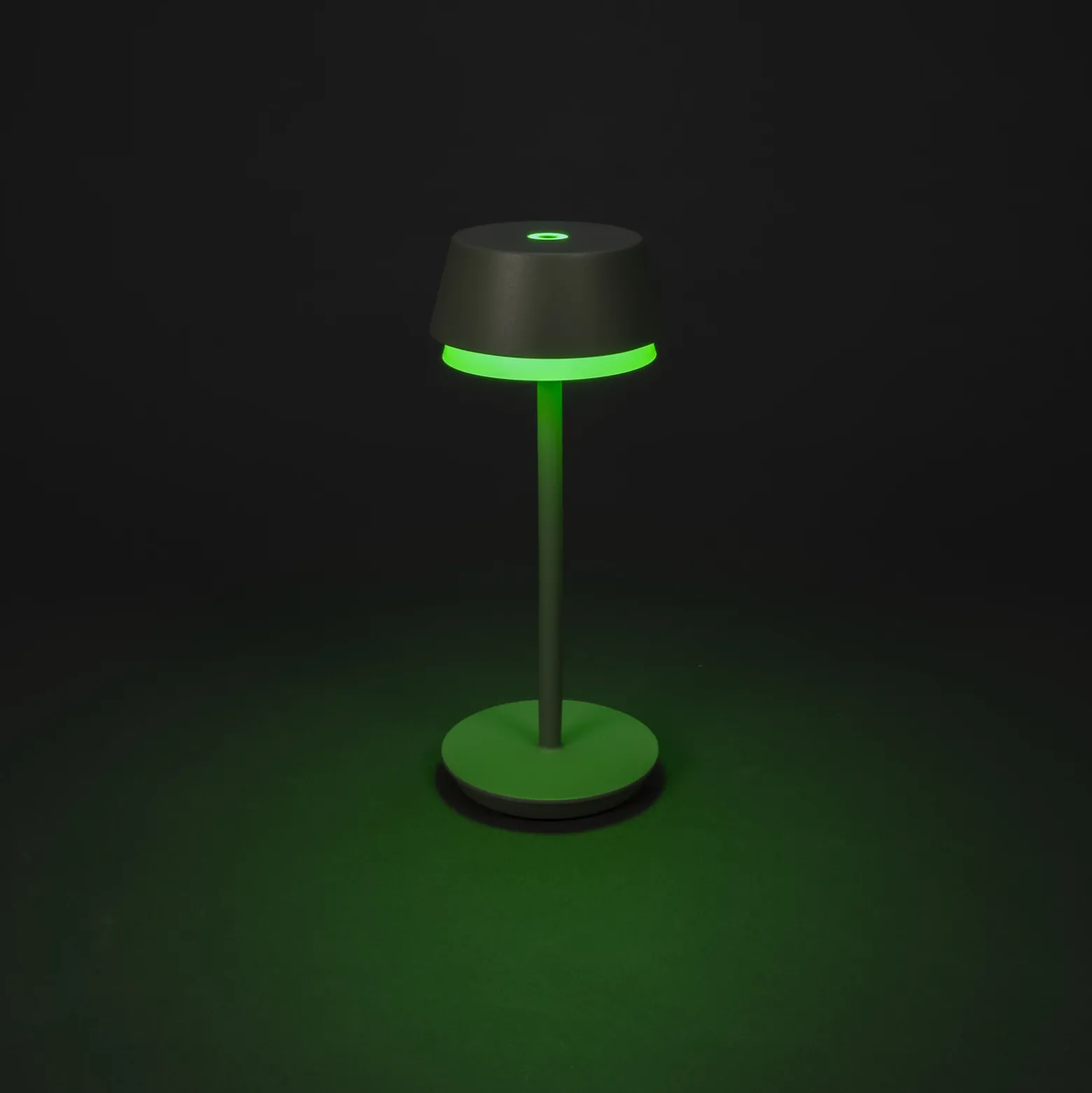 Lámpara de mesa LED recargable Lyon, verde/gris, IP54, atenuador, CCT, RGB