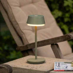 Lámpara de mesa LED recargable Lyon, verde/gris, IP54, atenuador, CCT, RGB
