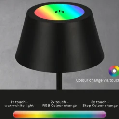 Lámpara de mesa LED recargable Kiki, negra, IP44, 3.000 K, RGBW