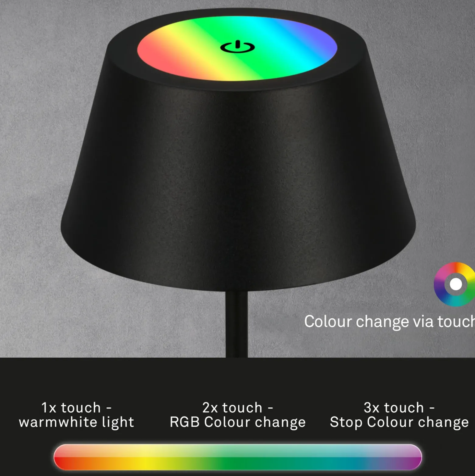 Lámpara de mesa LED recargable Kiki, negra, IP44, 3.000 K, RGBW