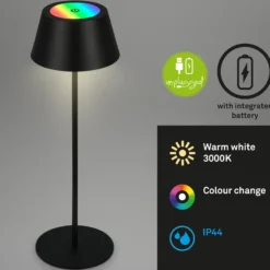 Lámpara de mesa LED recargable Kiki, negra, IP44, 3.000 K, RGBW