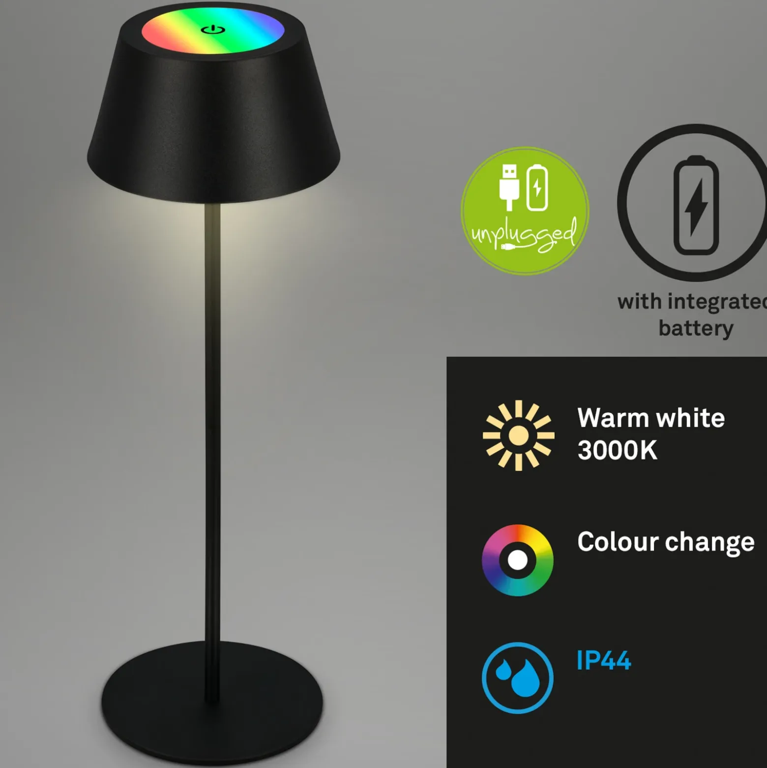 Lámpara de mesa LED recargable Kiki, negra, IP44, 3.000 K, RGBW