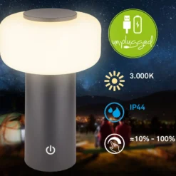 Lámpara de mesa LED recargable Juna, antracita, IP44, atenuable, 20 cm