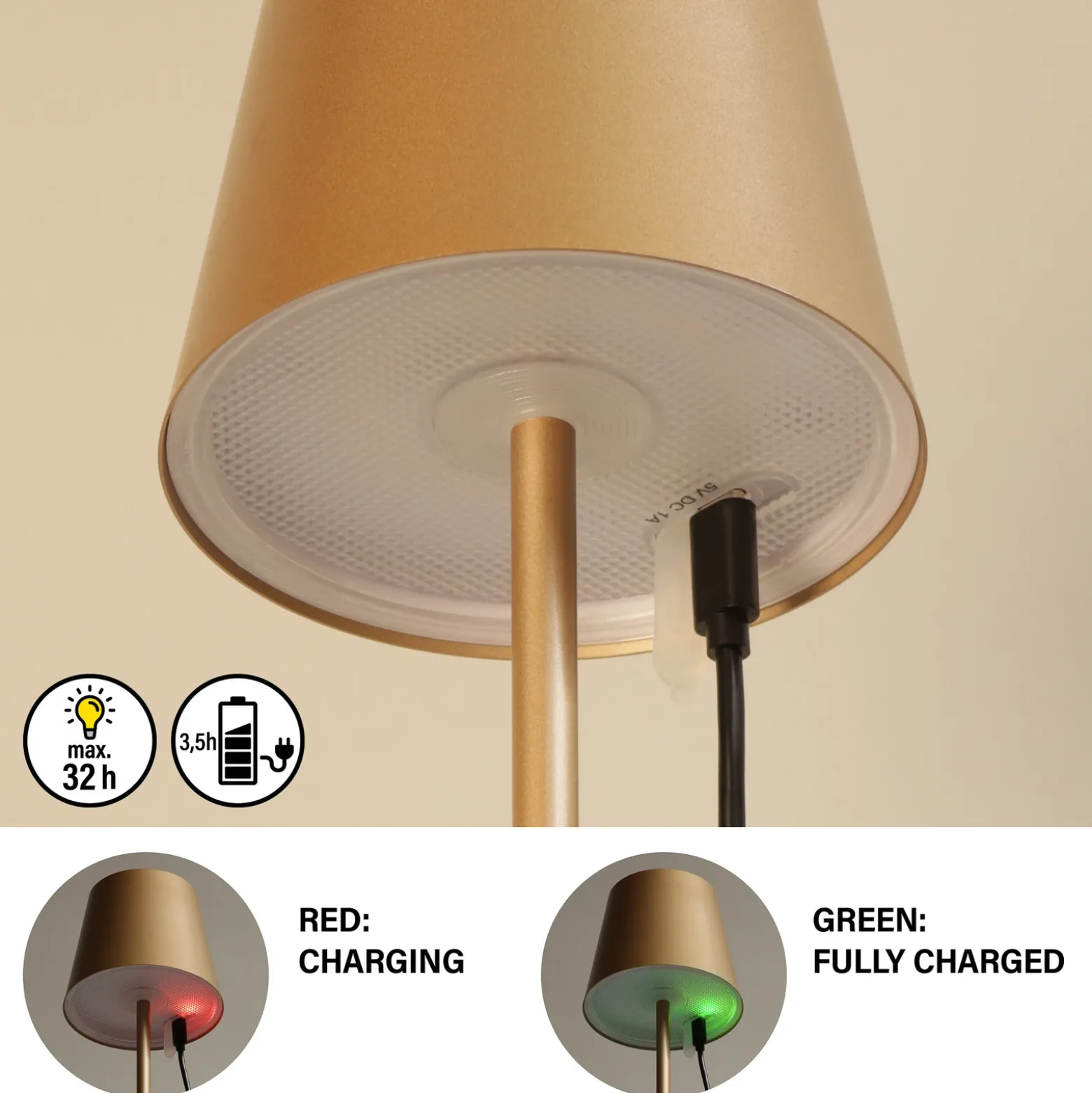 Lámpara de mesa LED recargable Viletto, marrón café, IP54