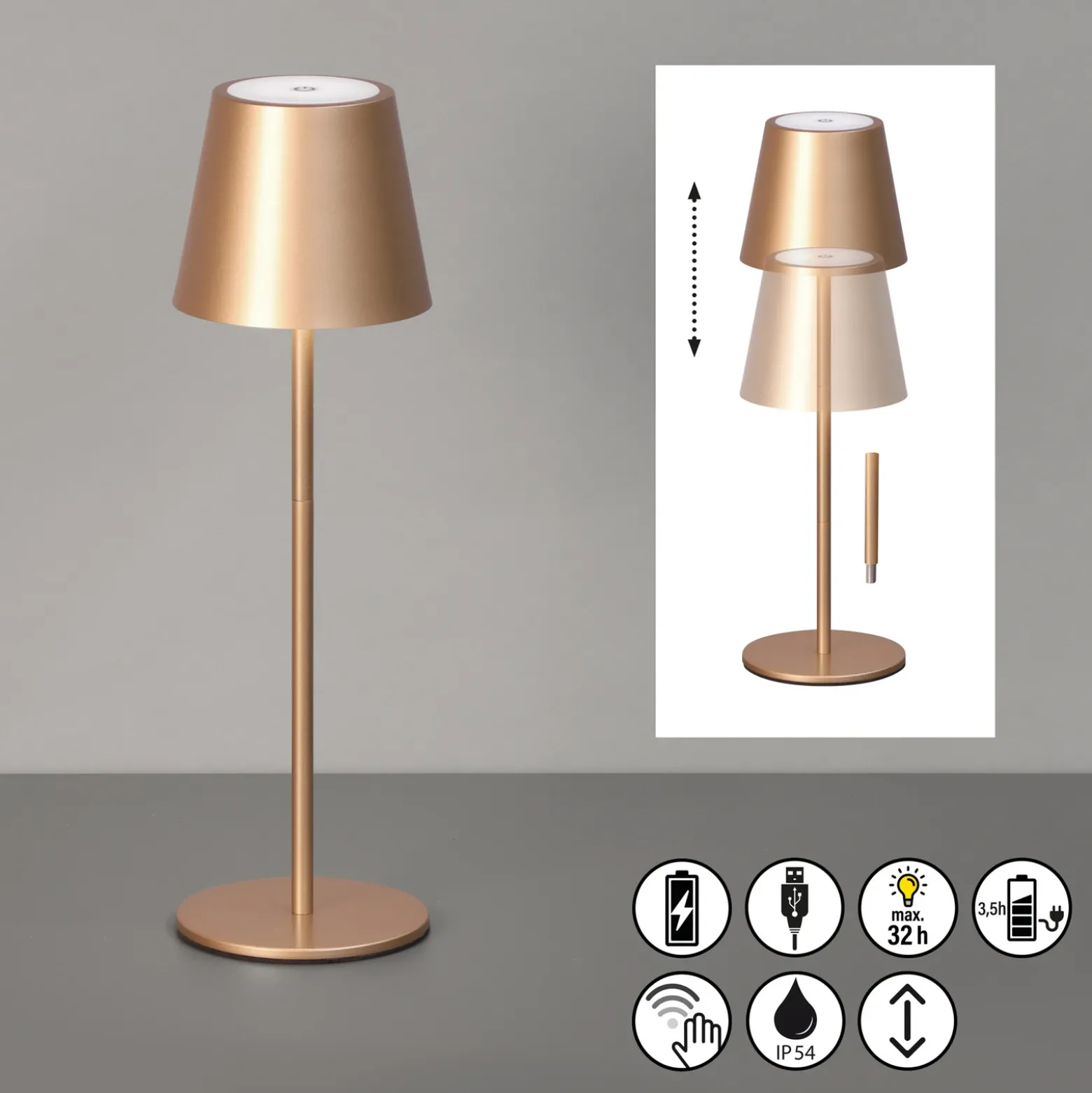 Lámpara de mesa LED recargable Viletto, marrón café, IP54